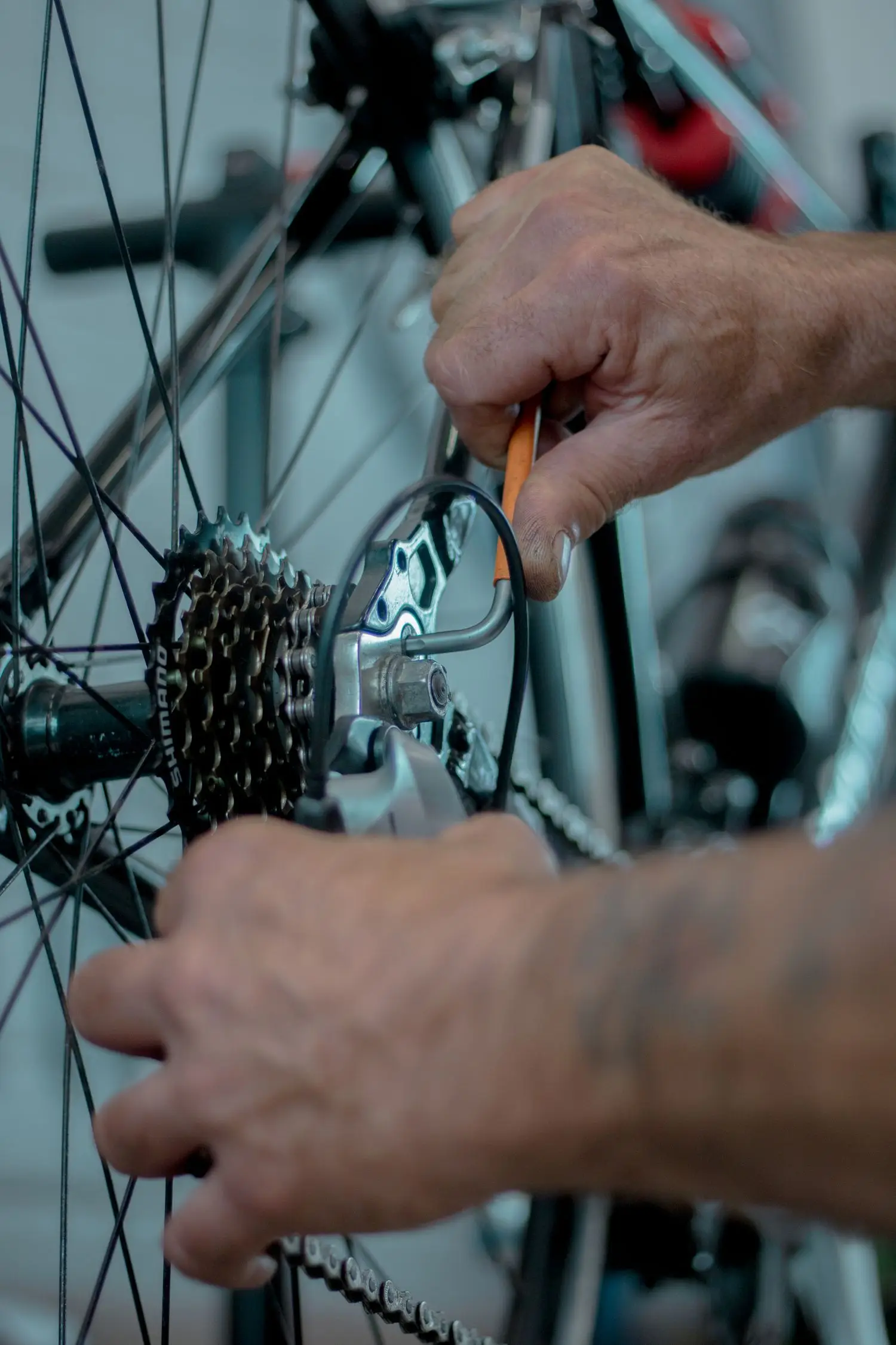 Technician making a precise adjustment at the rear wheel