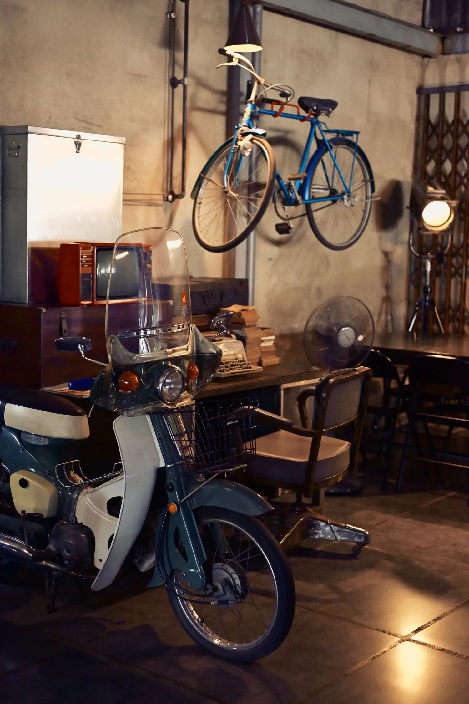 Bicycle repair area with bikes and workshop equipment