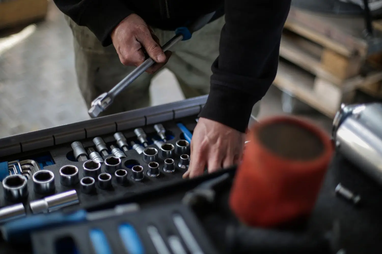 Bicycle repair tools arranged in a workshop